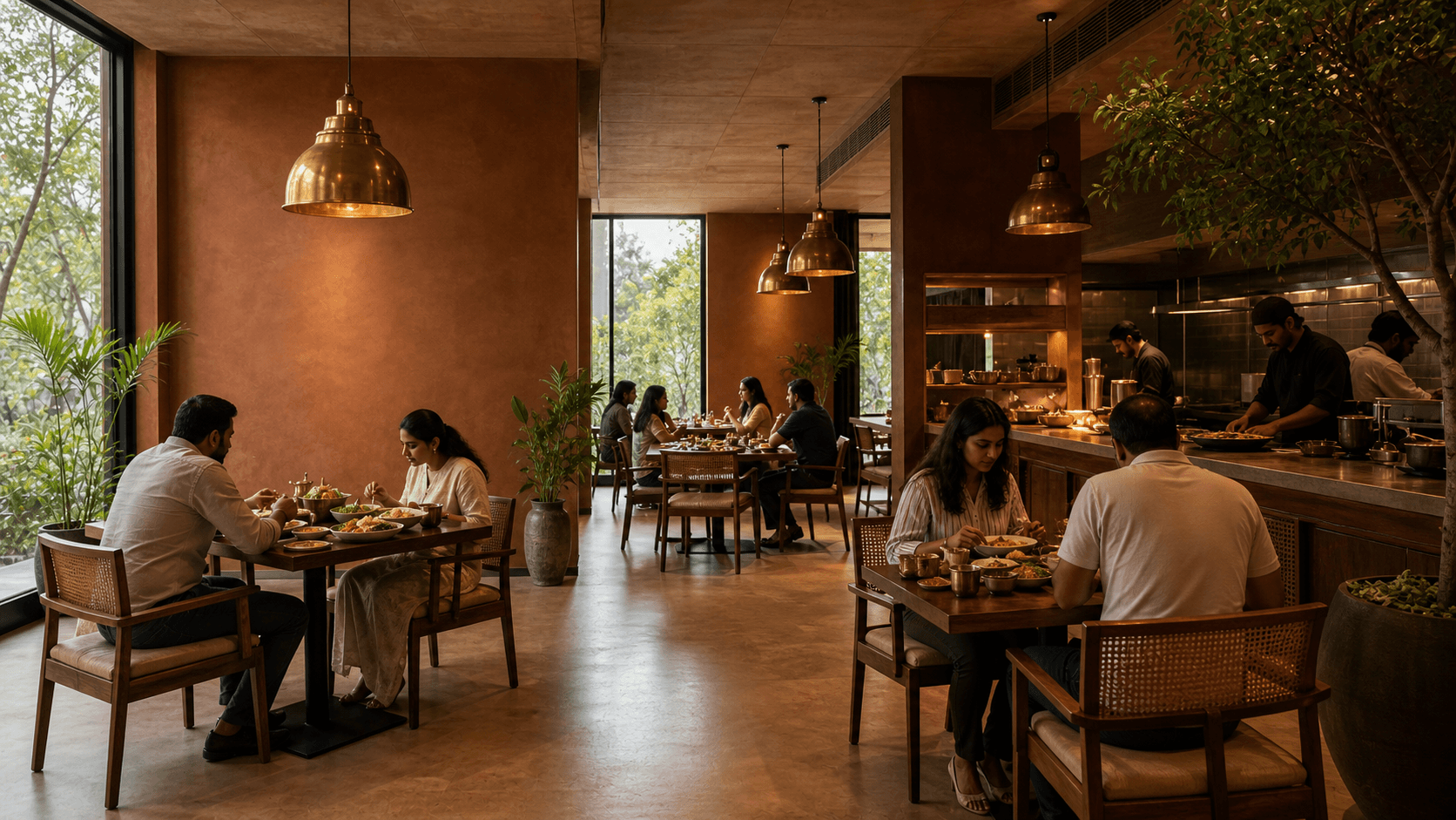 The warm dining room at BigBoxEats in Kalyan Nagar